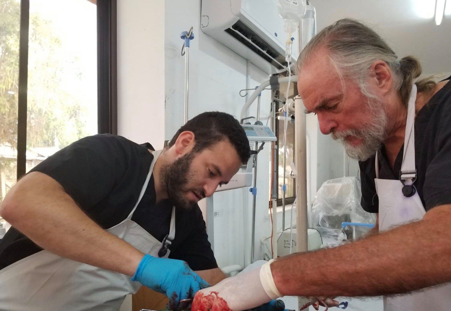 Two emergency physicians demonstrating a procedure